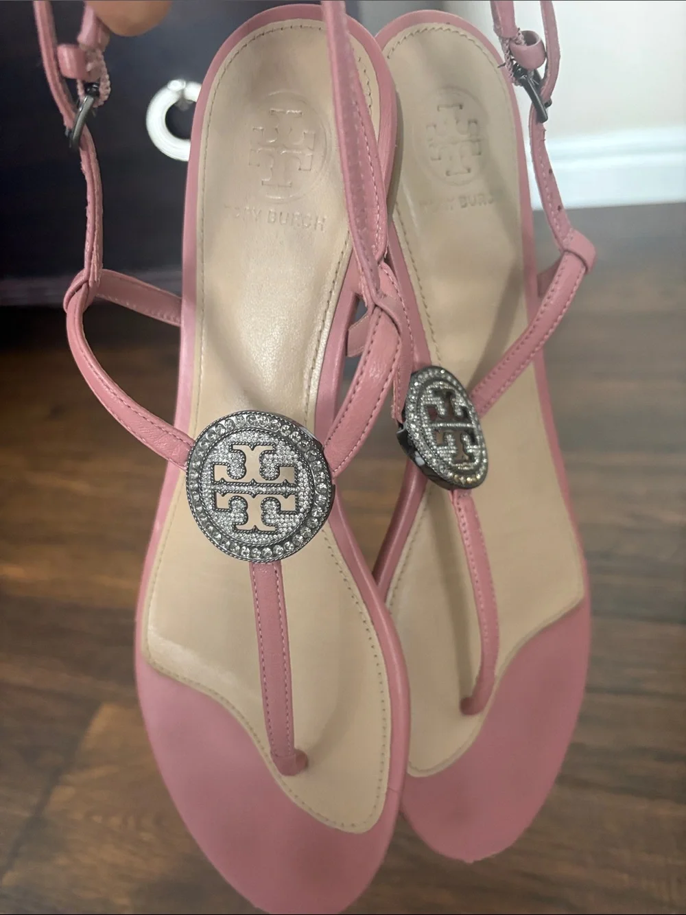 Tory Burch Pink Leather T-Strap Sandals with Crystal Logo Disc